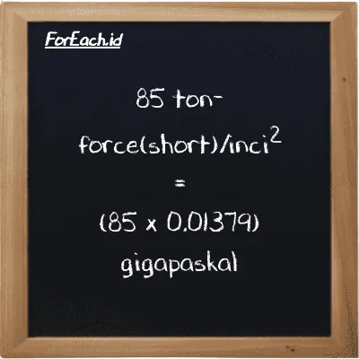 Cara konversi ton-force(short)/inci<sup>2</sup> ke gigapaskal (tf/in<sup>2</sup> ke GPa): 85 ton-force(short)/inci<sup>2</sup> (tf/in<sup>2</sup>) setara dengan 85 dikalikan dengan 0.01379 gigapaskal (GPa)